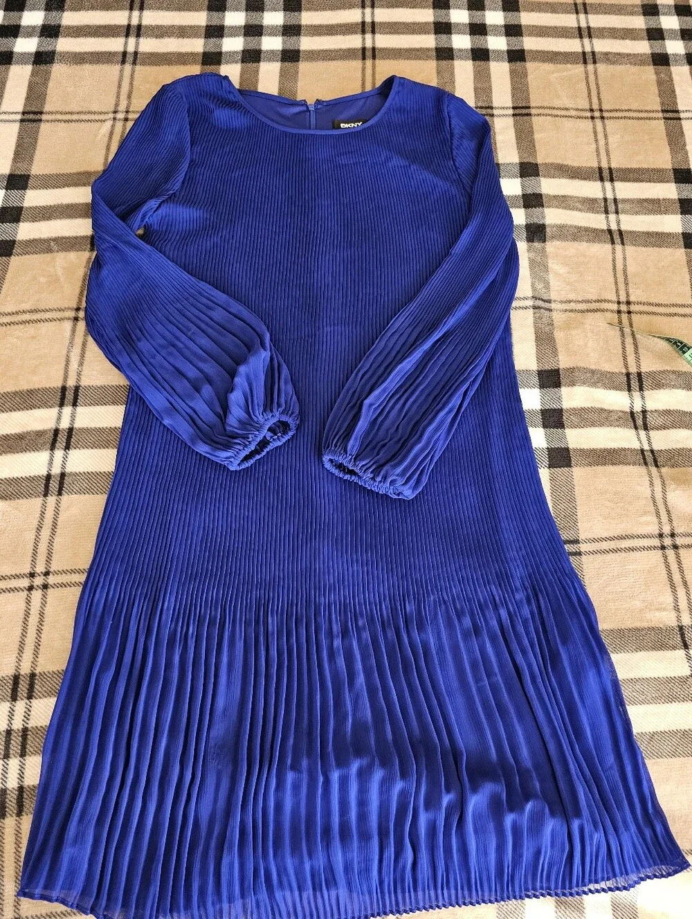 DKNY Cobalt Blue Pleated Long-Sleeve Shift Dress - Picture 8 of 11